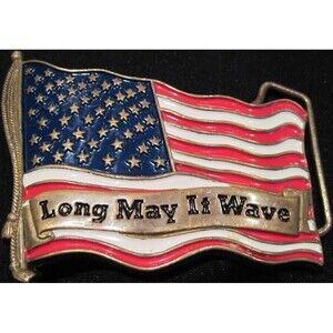 Nice Vintage 1981 Long May It Wave American Flag USA Brass Belt Buckle